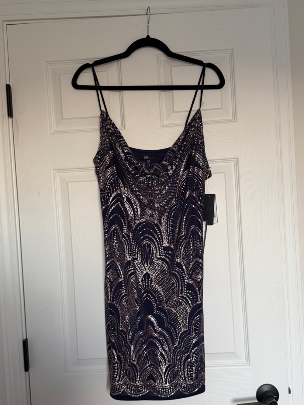 Navy Sequin-Patterned Mini Cowl Neck Dress